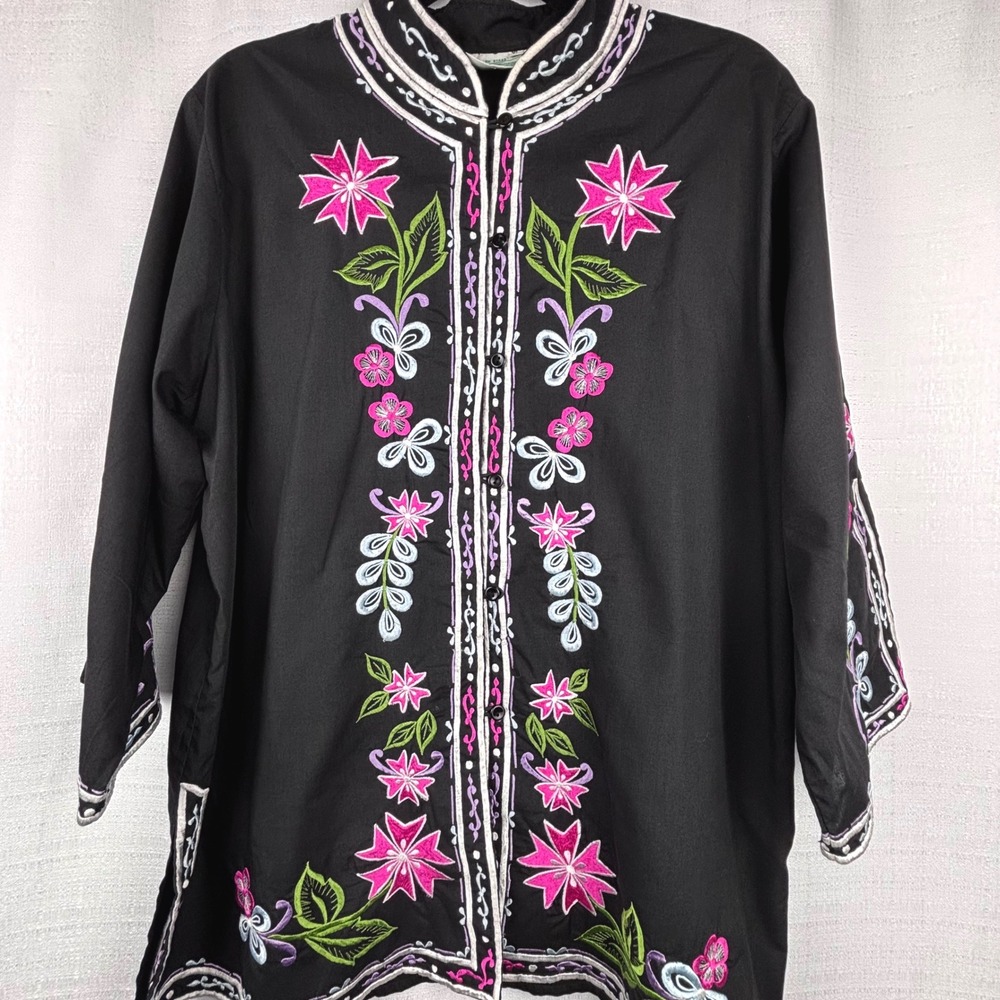 VTG Caro of Honolulu Embroidered Button Down 3/4 Sleeve Tunic Top Black Sz XL